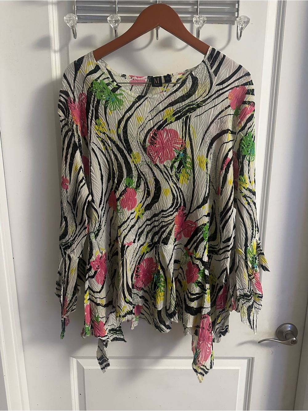 Milano White Zebra-Stripe Tunic with Pink & Green Floral Accents